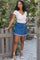 Medium Wash Denim Frayed-Trim Skort