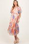 Peach Leaf Print Smocked Mesh Overlay Maternity Dress