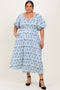 Blue Multi Printed Floral Bubble Sleeve Plus Maxi Dress