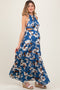 Blue Floral Halter Side Cutout Maternity Maxi Dress