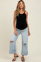 Light Blue Distressed Knee Cropped Cuffed Baggy Wide Leg Maternity Jeans