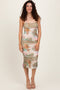 Light Olive Abstract Print Lace Up Back Ruched Midi Dress