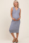 Navy Striped V-Neck Button Up Sleeveless Maternity Midi Dress