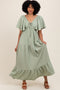 Sage Woven Textured Flutter Sleeve V-Neck Tiered Maxi Dress