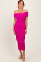 Fuchsia Off Shoulder Ruched Midi Dress