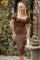 Brown Textured Square Neck Puff Sleeve Midi Dress