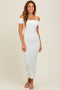 Ivory Rib Knit Off Shoulder Fitted Midi Dress