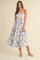 Ivory/Blue Leaf Printed Contrast Piping Detail Midi Dress