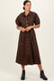 Brown Floral Button Front Waist Tie Midi Dress