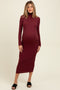 Burgundy Turtle Neck Ribbed Fitted Long Sleeve Maternity Maxi Dress
