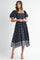 Navy Floral Embroidery Puff Sleeve MidiDress