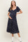 Navy Printed Button Accent Flutter Sleeve Maternity Midi Dress