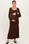 Brown Solid Ribbed Long Sleeve Square Neck Maternity Maxi Dress