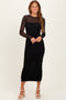 Black Mesh Ruched Long Sleeve Midi Dress