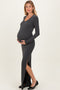Charcoal Ribbed Long Sleeve Side Slit Maternity Maxi Dress