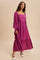 Magenta Pleated Bodice Long Sleeve Maxi Dress