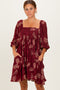 Burgundy Floral Jacquard 3/4 Sleeve Dress