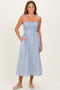 Blue Striped Smocked Shoulder Tie Midi Dress