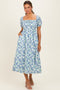 Blue Floral Smocked Ruffle Accent Midi Dress
