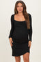 Black Ribbed Long Sleeve Ruched Tulip Skirt Maternity Dress