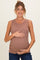 woman wearing a brown ribbed maternity tank top and holding her baby bump