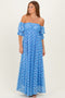 Blue Floral Lace Off Shoulder Ruffe Sleeve Maxi Dress