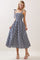 Navy Gingham Smocked Shoulder Tie Midi Dress