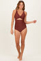 Brown Ruched Sides Front Cutout One Piece Swimsuit