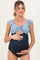 Blue Two Tone Ribbed Front Tie Cutout Ruched Maternity Swimsuit