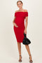 Red Ruched Mesh Off Shoulder Maternity Midi Dress