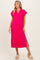 woman wearing a hot pink maternity midi dress with short sleeves and side slits
