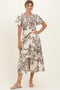 Taupe Floral Smocked Front Tie Midi Dress