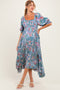 Teal Floral Smocked Handkerchief Hem Maternity Midi Dress