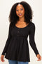 Black Scoop Neck Button Front Long Sleeve Babydoll Top