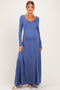 Blue Solid Long Sleeve Scoop Neck A-Line Maternity Maxi Dress