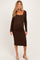 woman wearing a brown long sleeve ribbed maternity dress with a square neckline and a visible baby bump