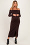 Brown Off Shoulder Button Detail Side Slit Maternity Sweater Dress