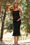 Black Satin Smocked Fitted Maternity Midi Dress