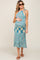 woman wearing a blue and green patterned maternity dress with a tie shoulder detail and a visible baby bump