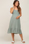 Light Olive Gauze Smocked Waist Lettuce Trim Maternity Midi Dress