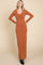 woman wearing a rust long sleeve maxi dress with a scoop neckline and fitted style