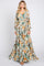 Mint Green Floral Chiffon Wrap Front V-Neck Long Sleeve Maxi Dress