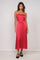 woman wearing a strapless hot pink satin midi dress with a fitted bodice and a flared skirt