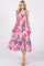 Pink Watercolor Print Ruffle Accent Midi Dress
