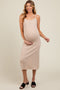 Beige Square Neck Ribbed Sleeveless Maternity Midi Dress