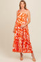 Orange Tropical Floral Shoulder Tie Tiered Maternity Midi Dress