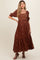 Brown Gauze Smocked Embroidered Square Neck Maternity Midi Dress