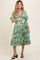 Green Embroidered V-Neck Short Pom Sleeve Maternity Midi Dress