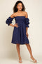 Navy Blue Smocked Off Shoulder Long Sleeve Dress