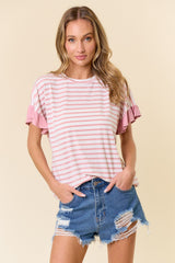 Mauve Striped Ruffle Sleeve Top